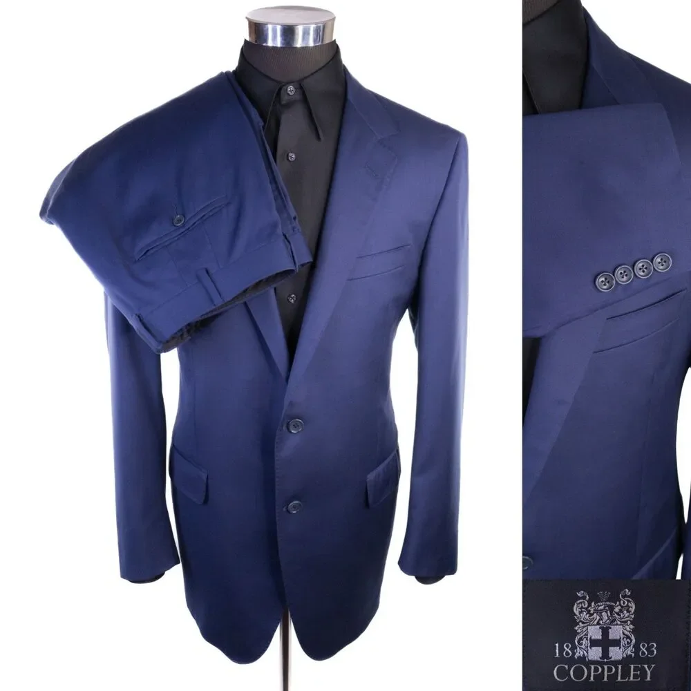 Coppley 2-Pcs Solid Navy Blue Suit 100's Wool Blazer Jacket Sz 44T Pants 38X33